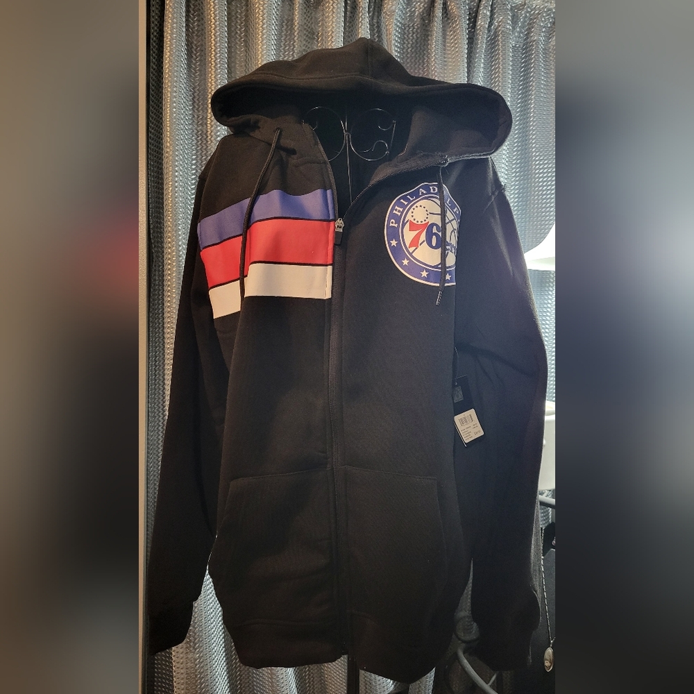 Philadelphia 76ers Black Zip Hoodie with Red, White, and Blue Accents